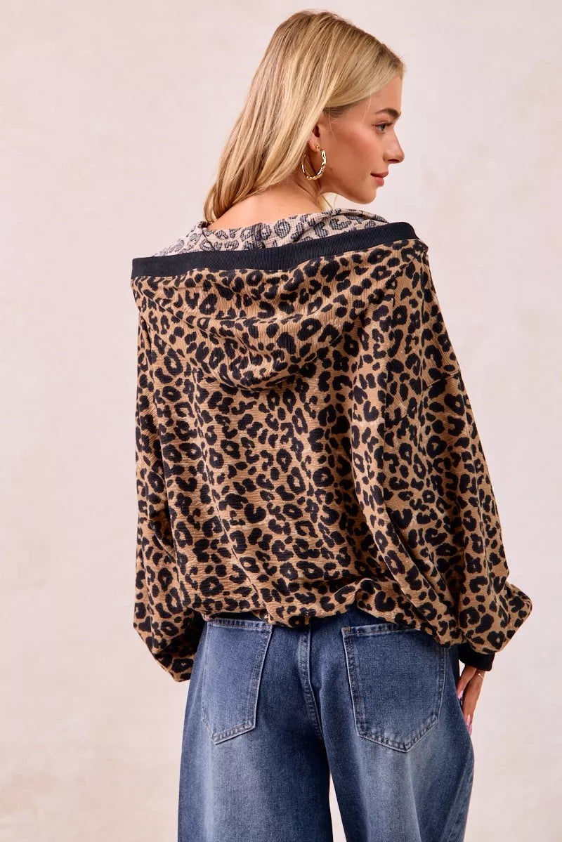 BiBi Leopard Print Waffle Half Zip Up Hoodie W Pocket