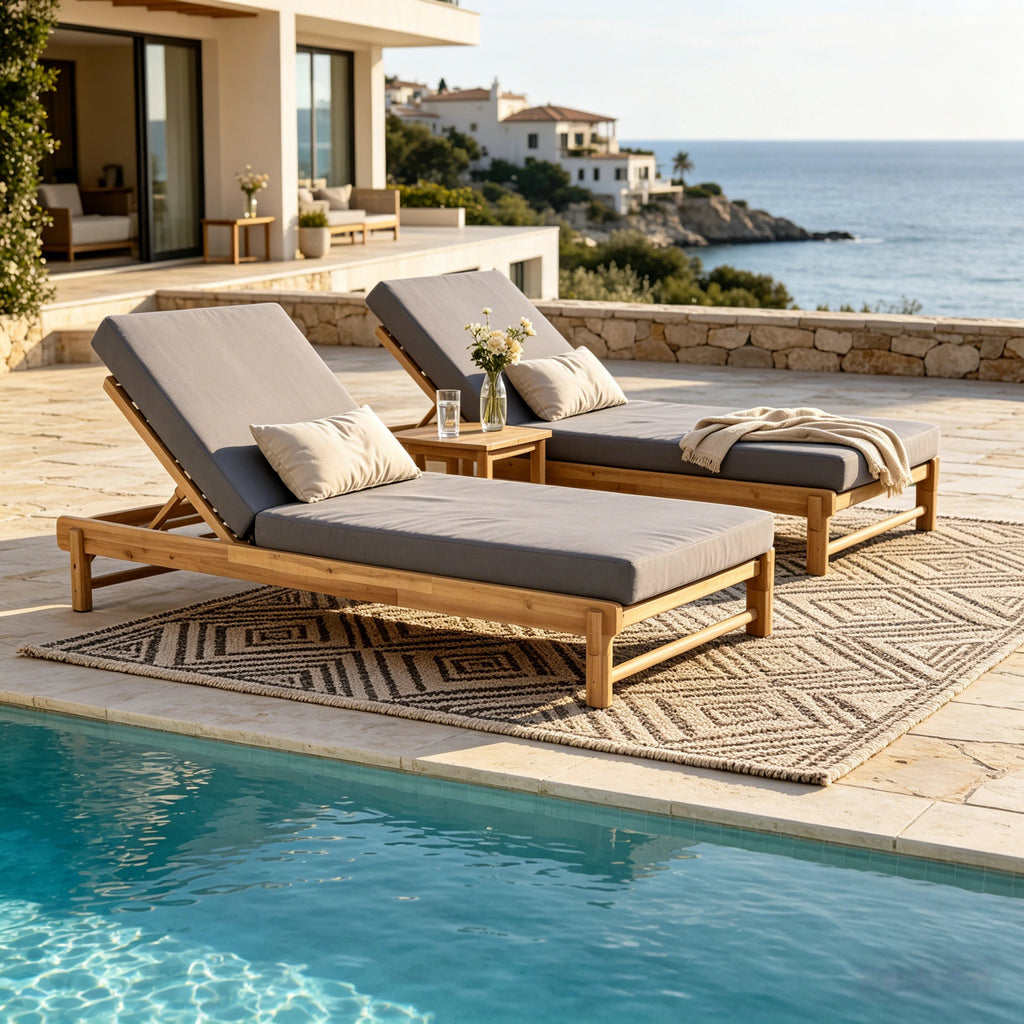 Light Teak Acacia Wood Chaise Lounge Set with Adjustable Backrest - Dark Grey
