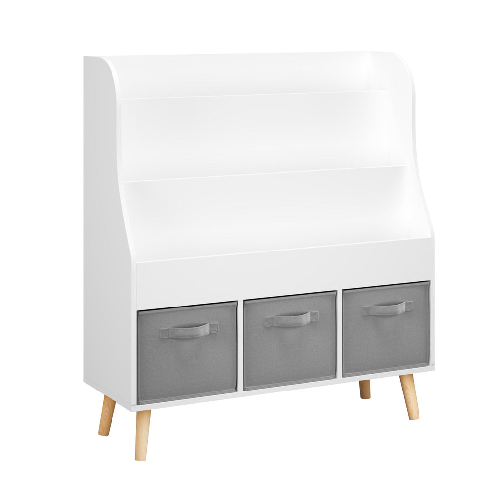 Bookshelf With 3 Storage Bins, Book Display Organizer, Front Facing Book Rack - White