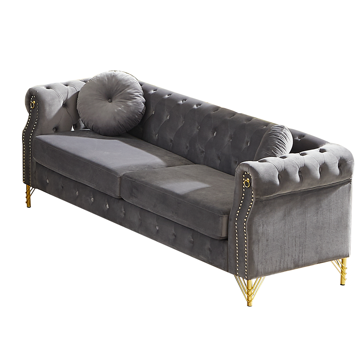 82-Inch Velvet Chesterfield Sofa with Gold Accents - Velvet