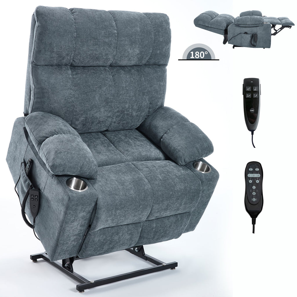 Grey Chenille Power Lift Recliner Chair with Massage - Grey