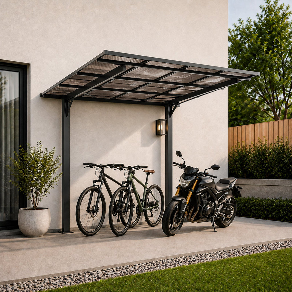 8x8FT Outdoor Carport with Galvanized Steel Frame and Sloped PC Roof - Black