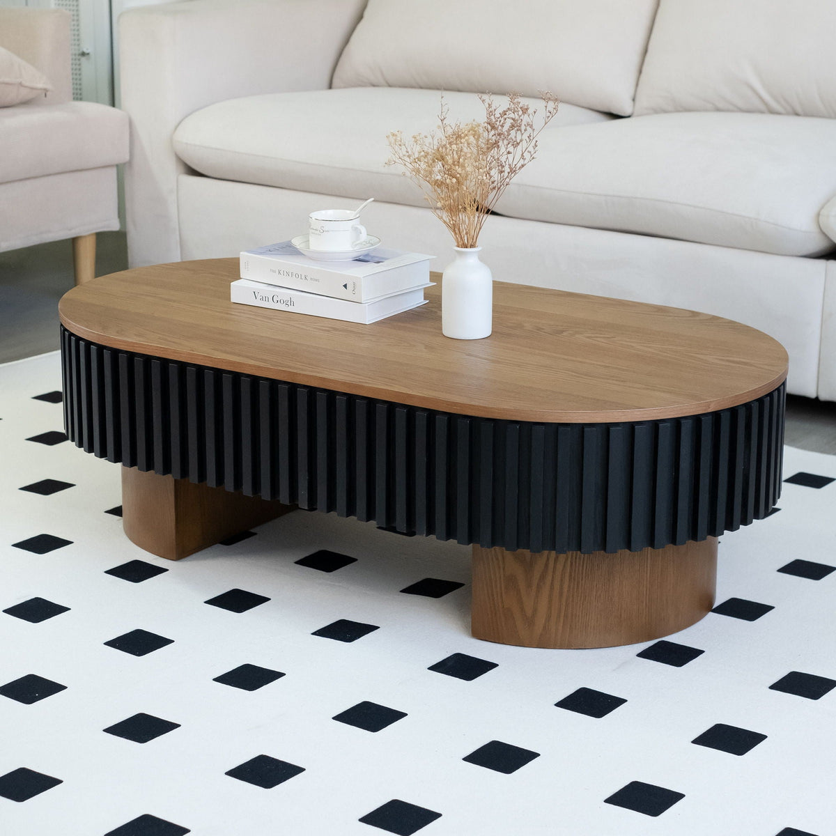 Elliptical Living Room Coffee Table with Hidden Storage and Removable Tabletop - Black or Light Brown