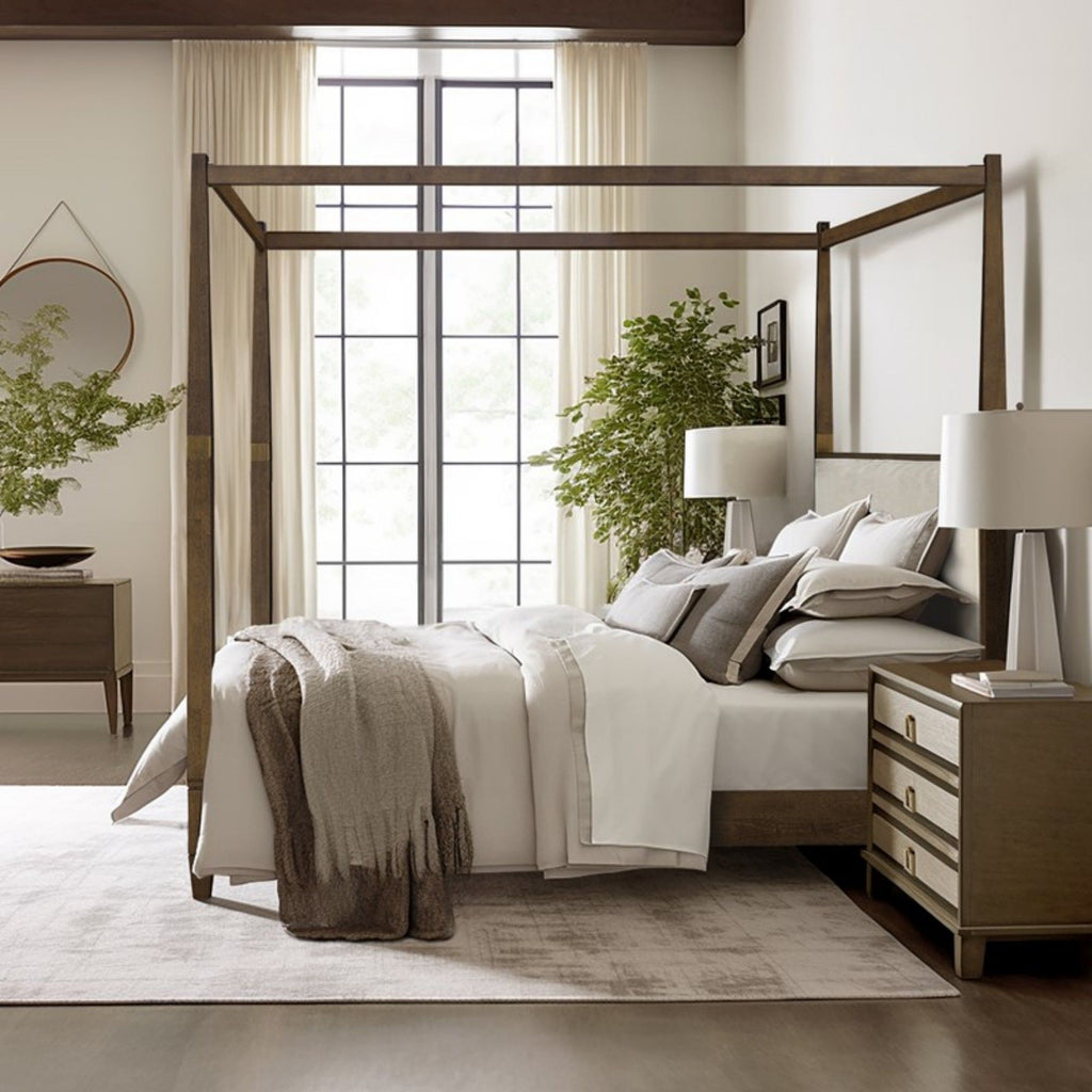 Queen Canopy Bed Frame with Upholstered Headboard - Brown