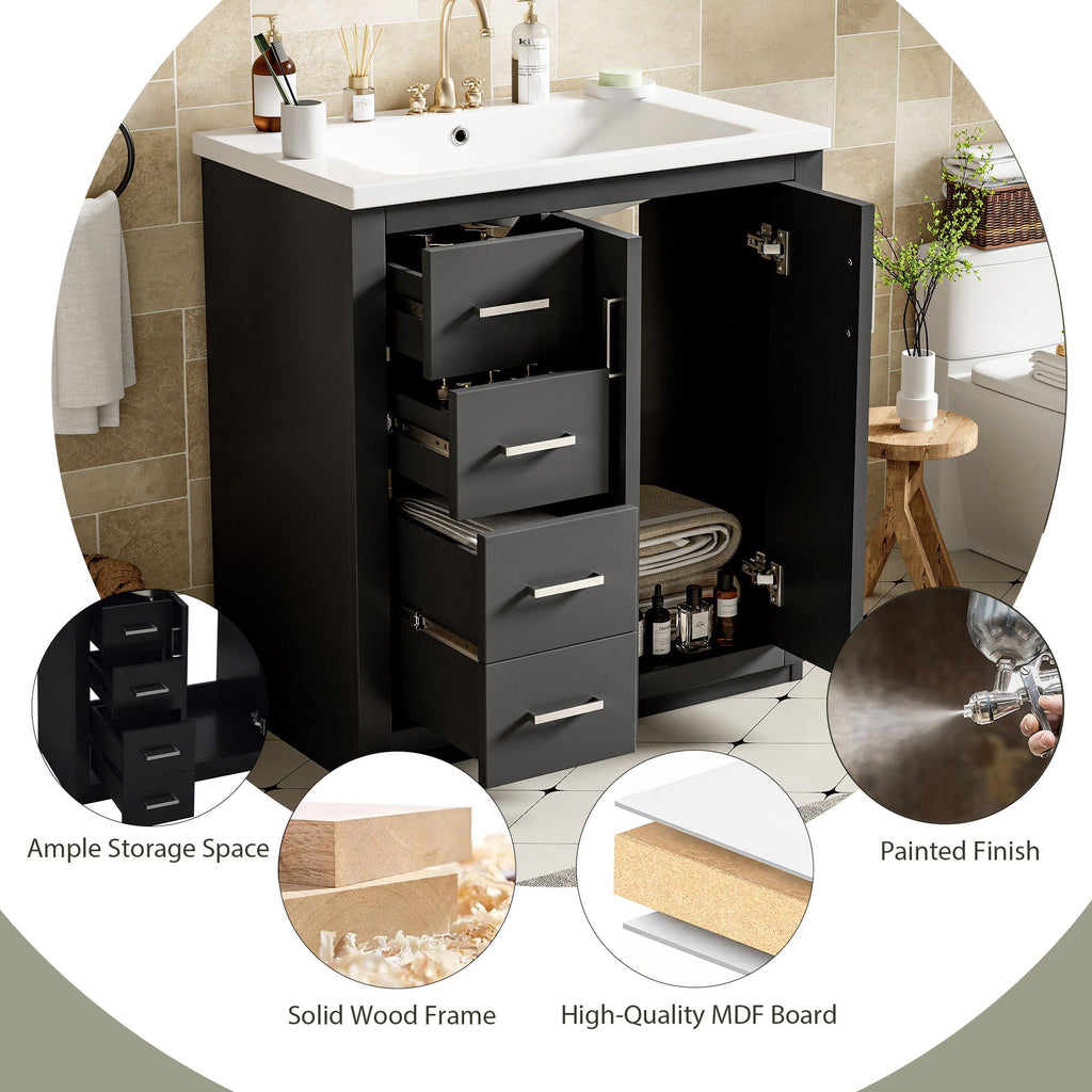 Ceramic Sink Vanity Combo with 3 Drawers and Soft Closing Doors - 30"
