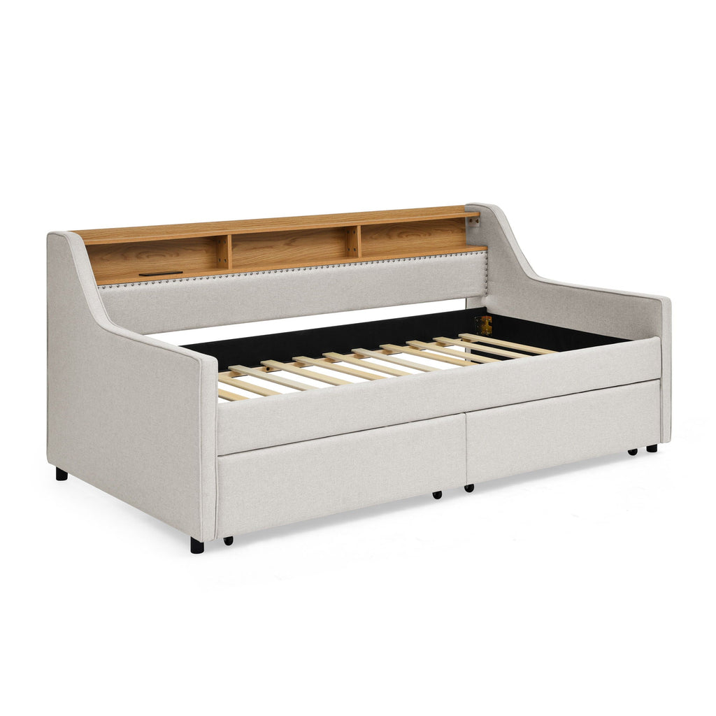 Twin Upholstered Sofa Bed with LED Lights and Storage Drawers - Beige