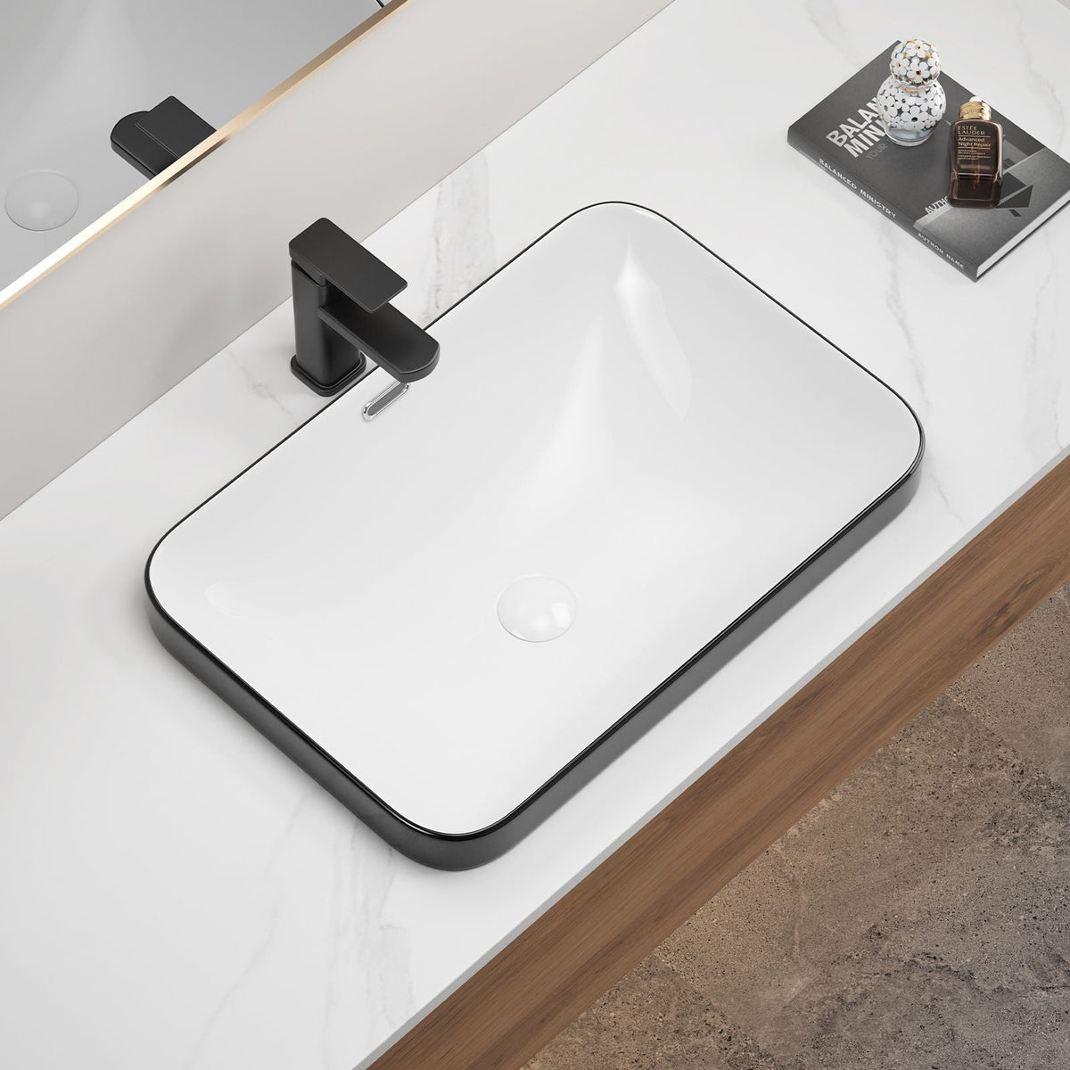 Undermount Bathroom Sink with Glazed Porcelain Finish - Black White