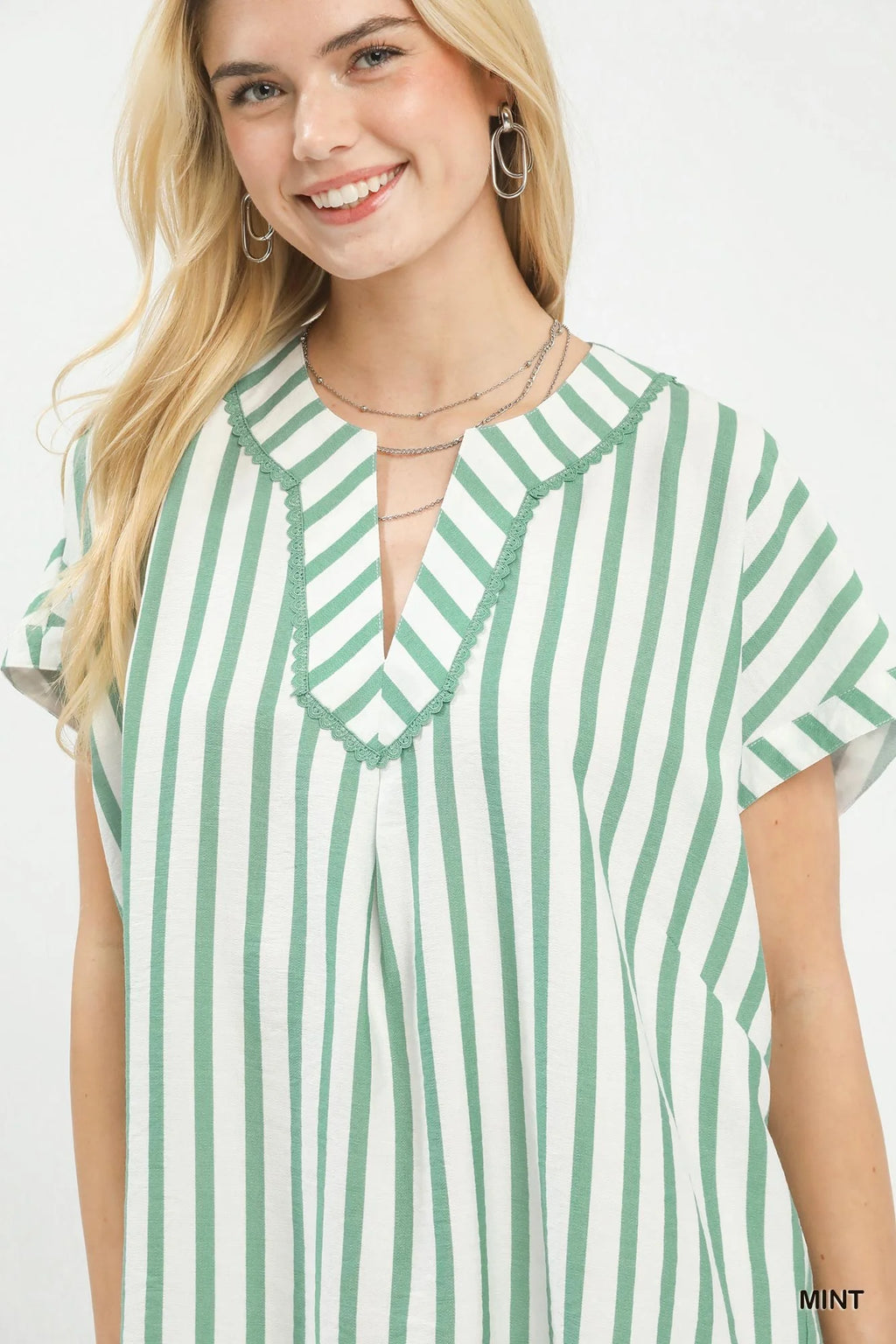 Umgee Mixed Stripe Split Neck Oversized Blouse