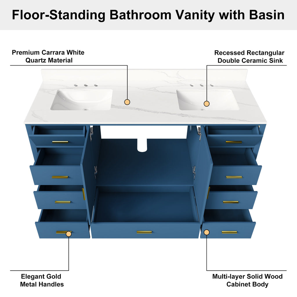 60" Solid Wood Bathroom Vanity with Double Sinks and Quartz Top - Blue