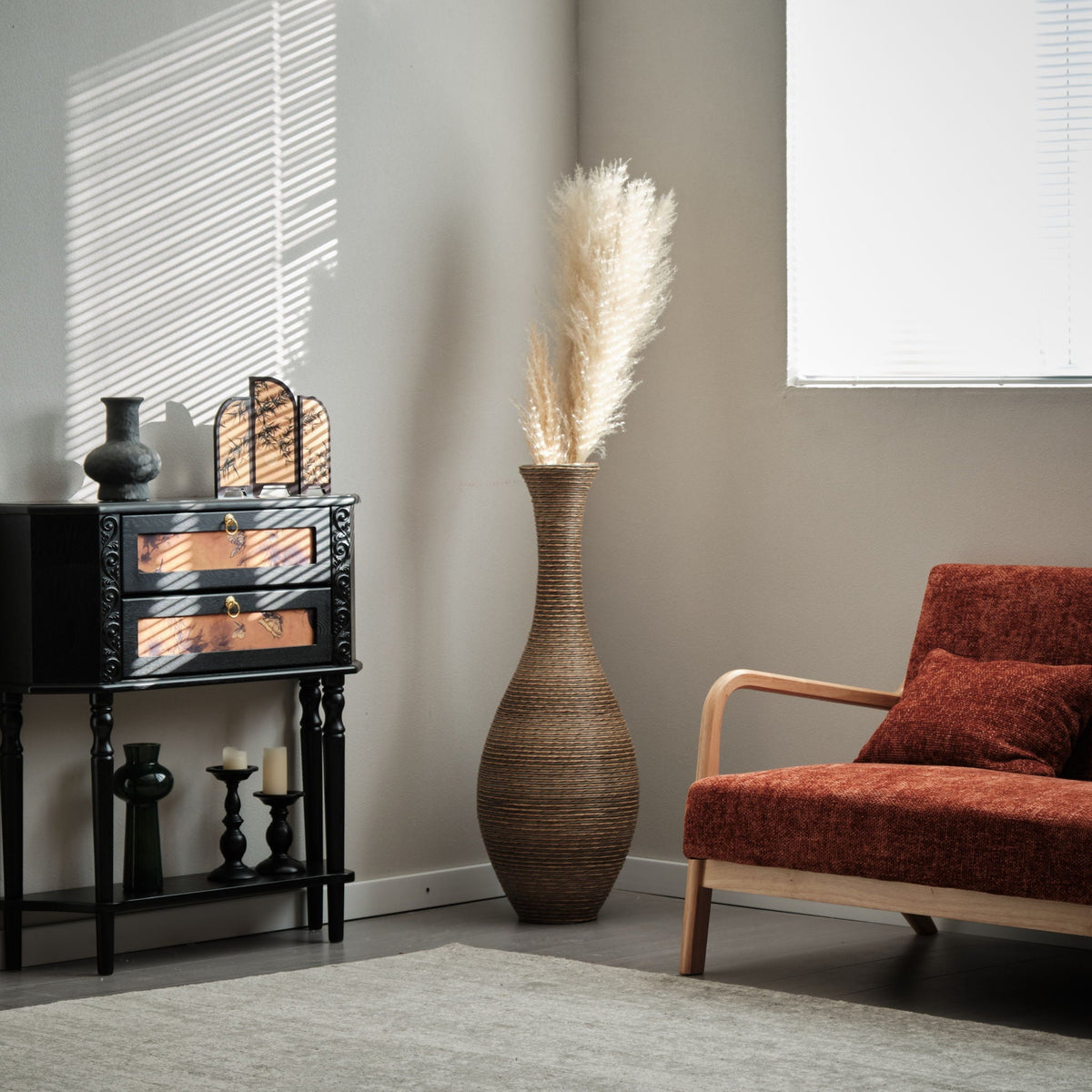 Tall Artificial Rattan Floor Vase with Artistic Design - Beige / Gray