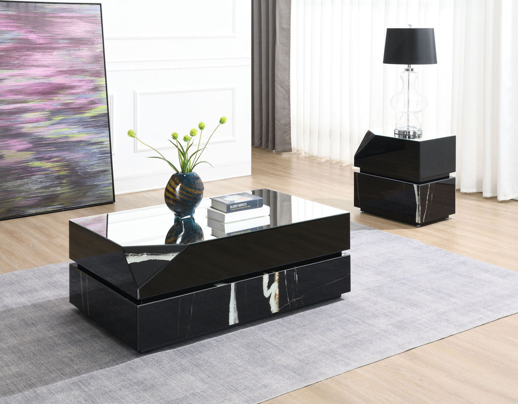 Drisana Mirrored End Table with Tempered Glass Accents - Black