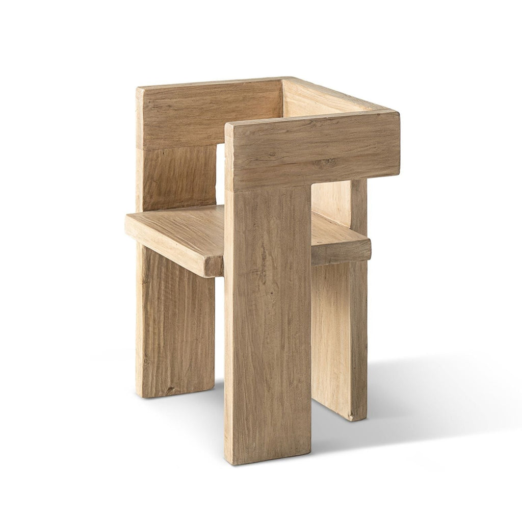 Sculptural Block Accent Chair with Reclaimed Elm Construction - Brown