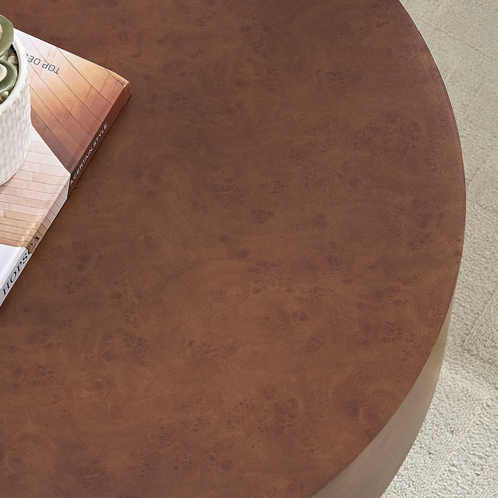 Faux Burl Wood Round Coffee Table with Sturdy Pedestal - Walnut