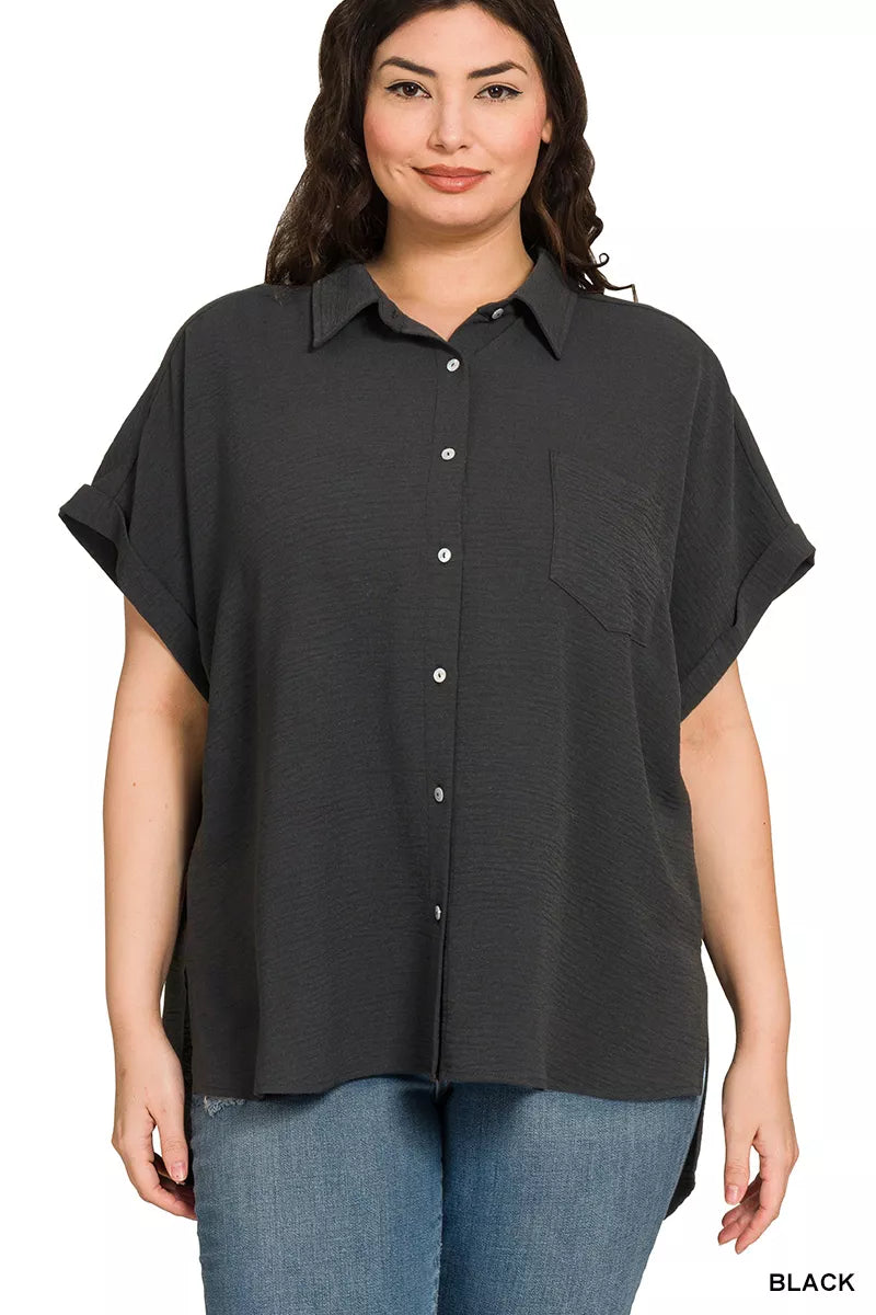 Zenana Full Size Woven Airflow Button Down Shirt Plus Size
