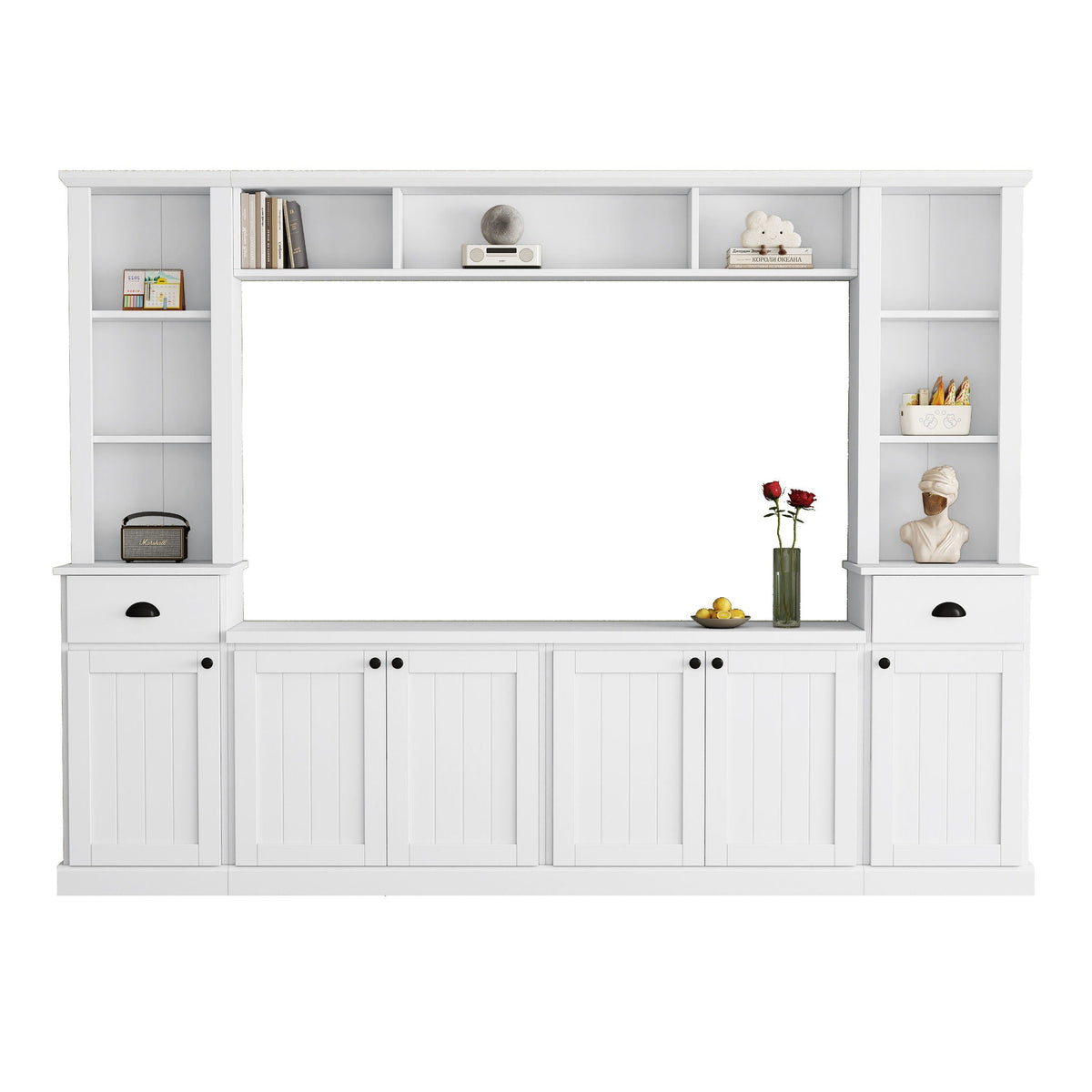 Minimalist Entertainment Wall Unit Set with Adjustable Bridge for TVs Up to 75" - White or Black