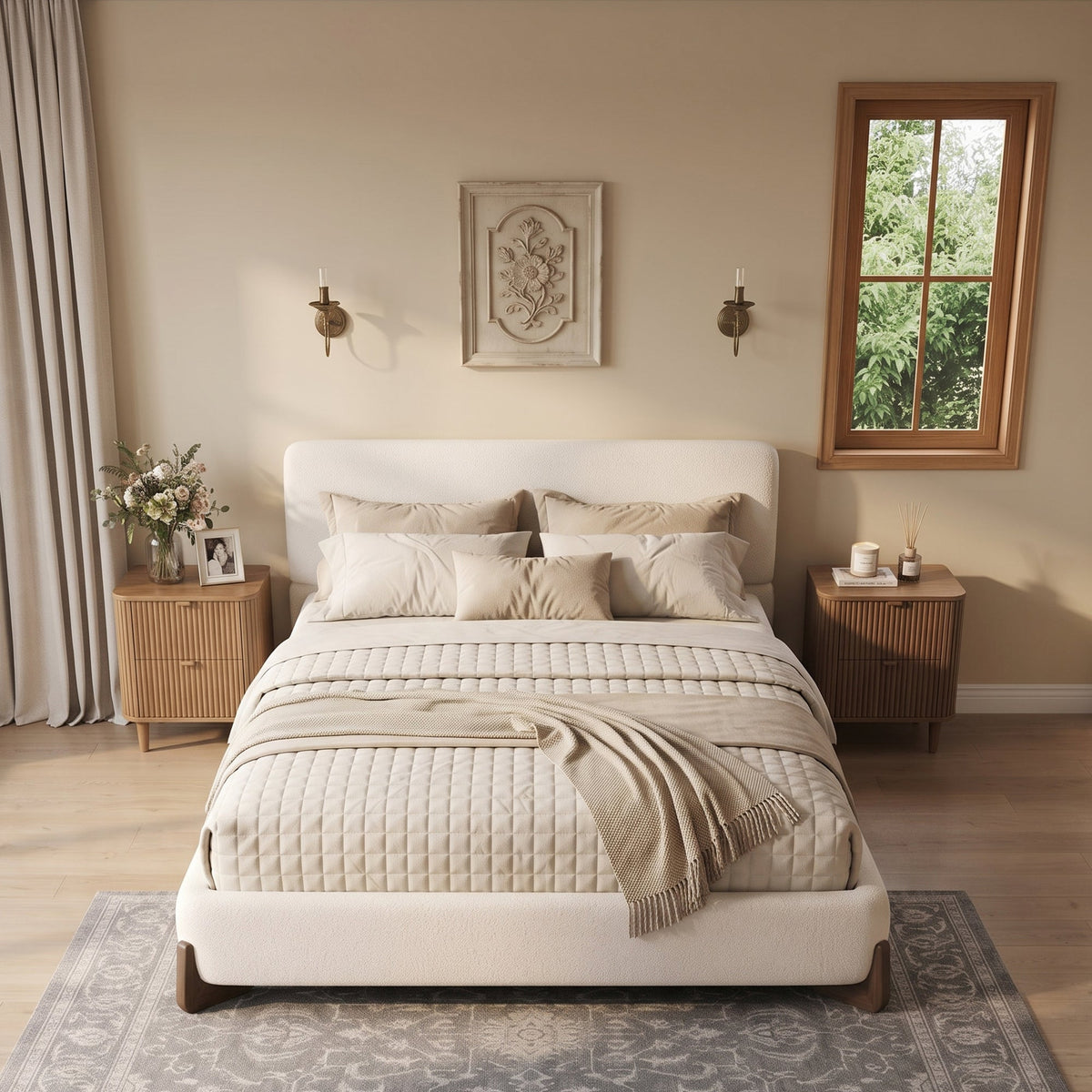 Elegant Terry Upholstered Bed with Solid Wood Legs - White