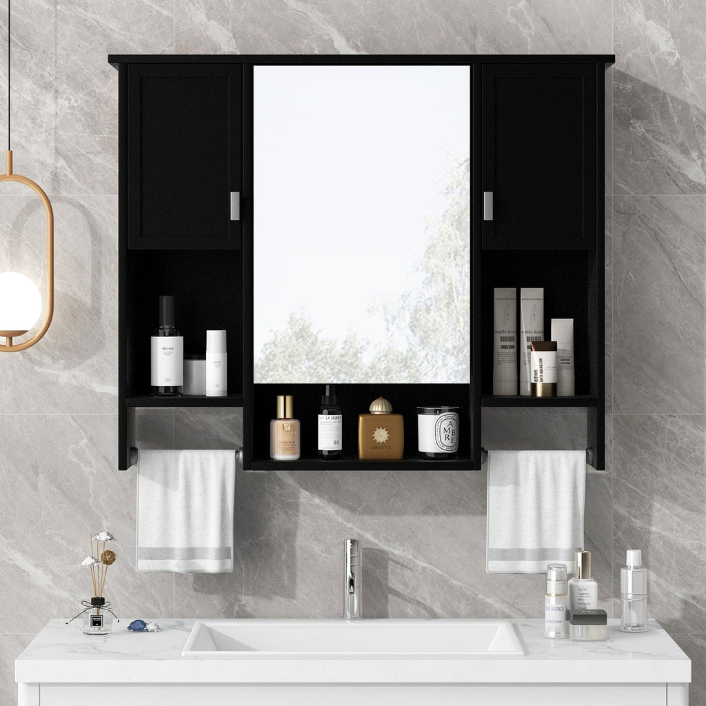 Wall Mounted Bathroom Storage Cabinet with Mirror and Towel Bar - Black, Dark Gray, or White