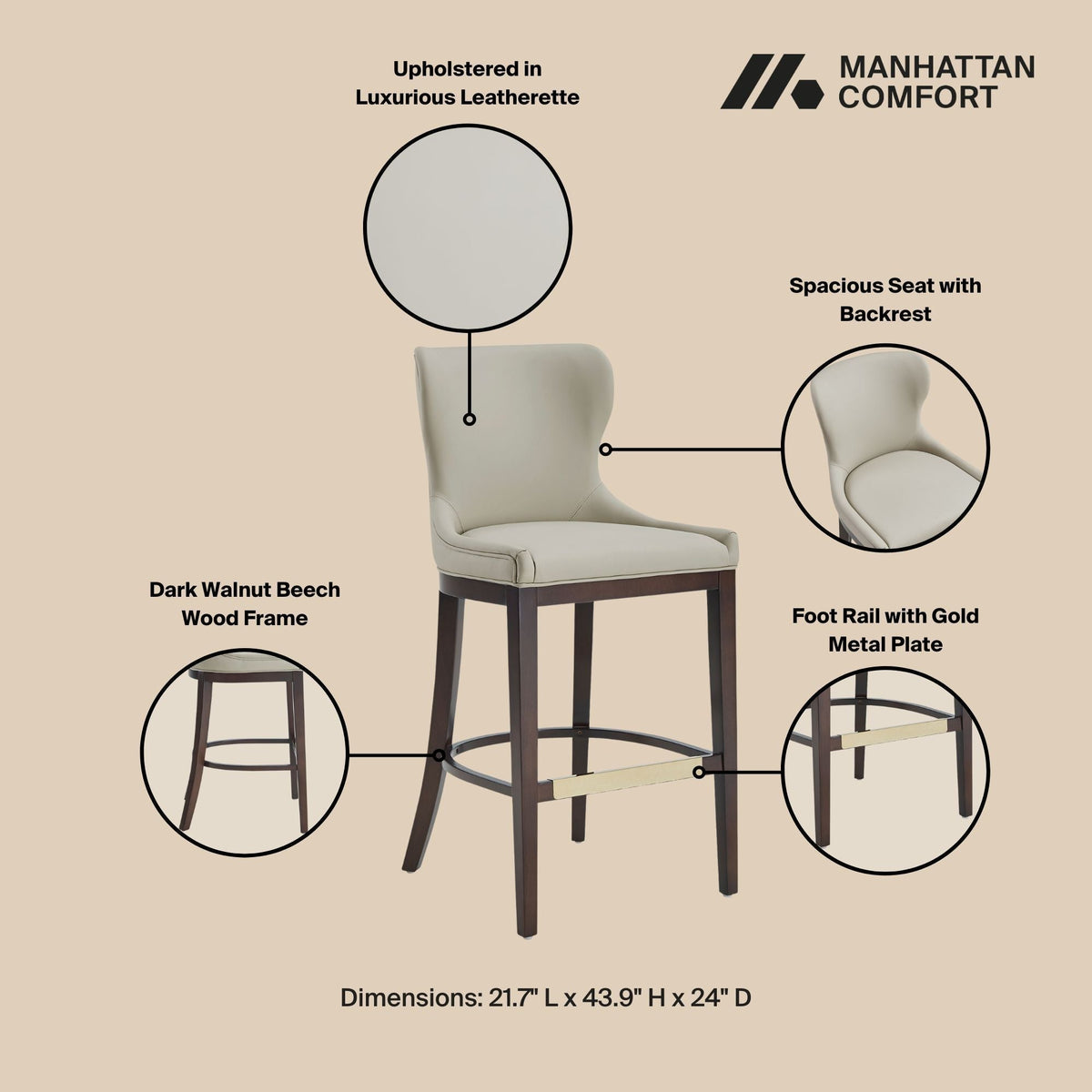 Bar Height Barstool with Backrest - White, Gray, Black