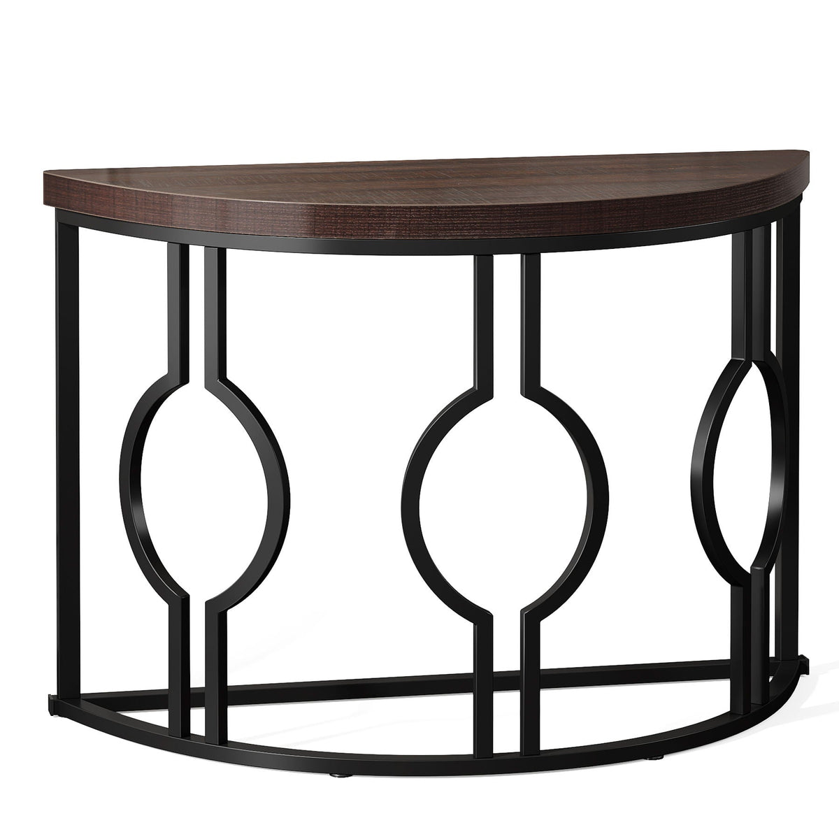 Half Moon Console Table with Geometric Metal Base - Rustic Brown