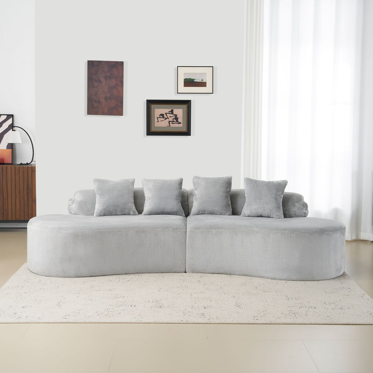 Modern Curved Sofa With Pillows - Fabric Stationary Sofa