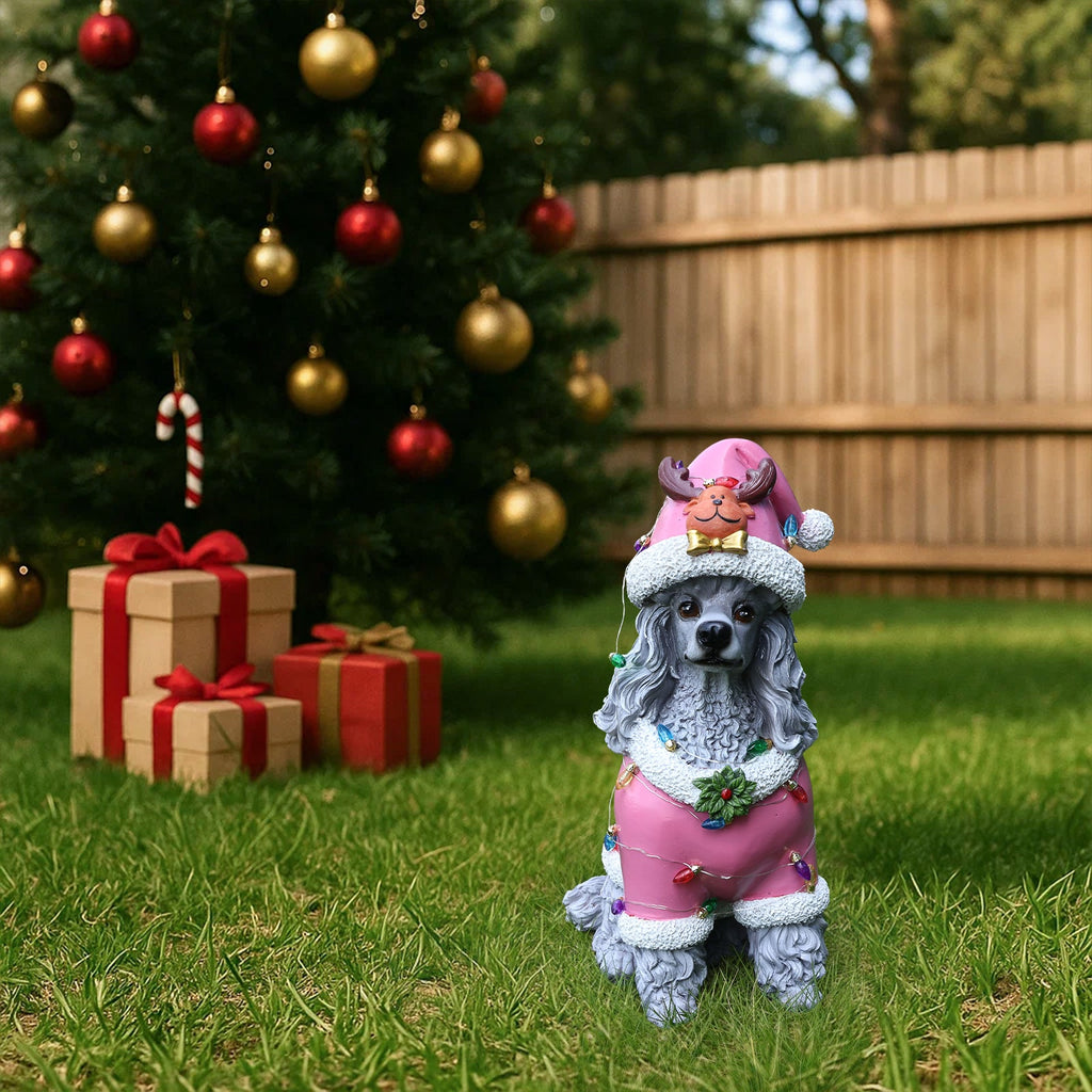 Christmas Poodle Statue with Festive Santa Outfit - Multicolor