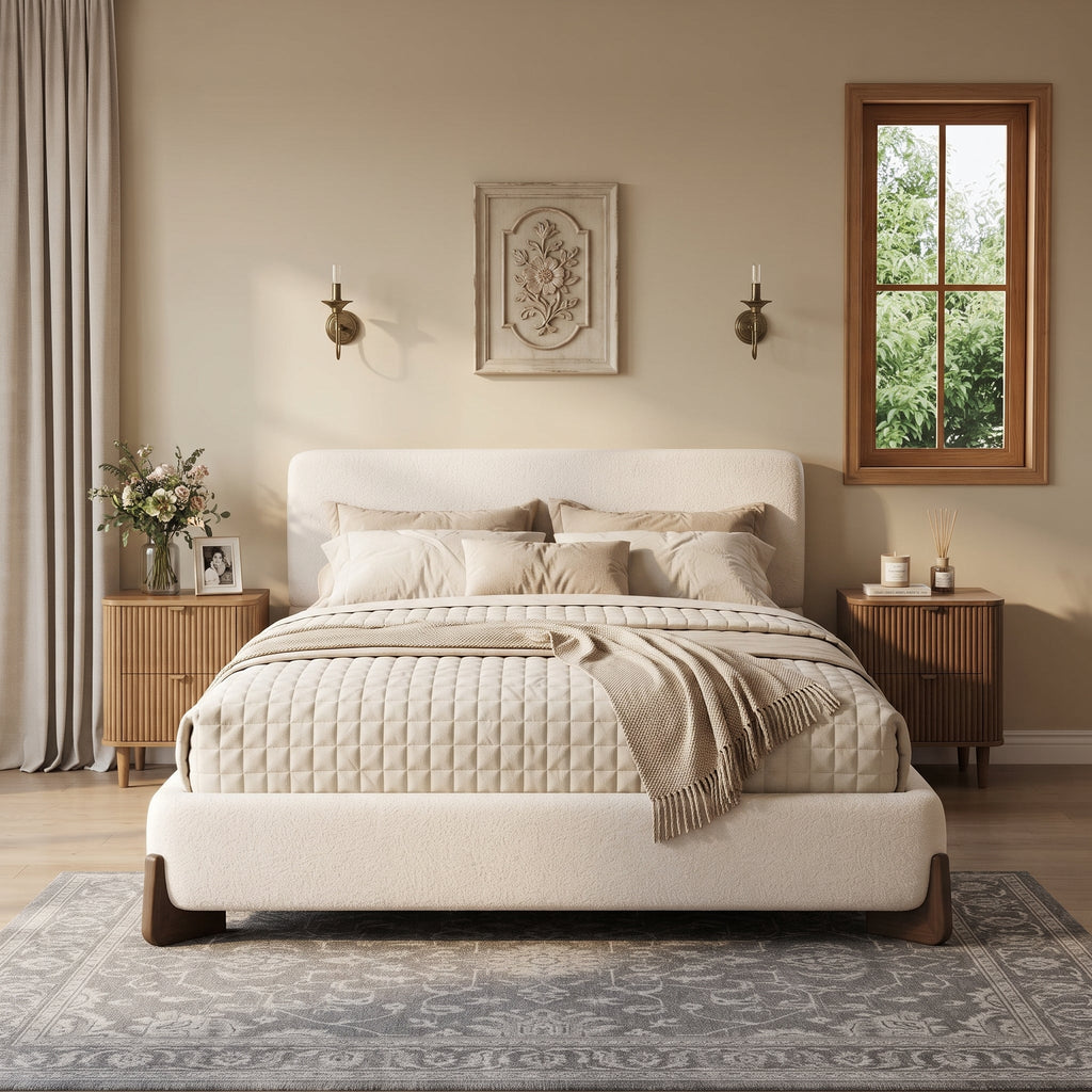Elegant Terry Upholstered Bed with Solid Wood Legs - White