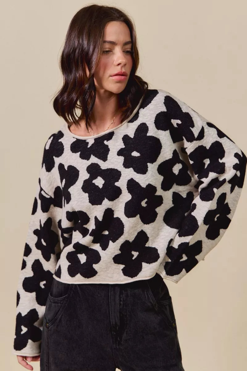 SO ME Loose Fit Flower Lightweight Sweater Top