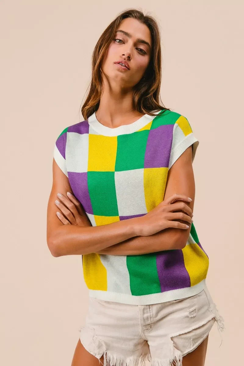 BiBi Mardi Gras Checker Pattern Sleeveless Sweater Top