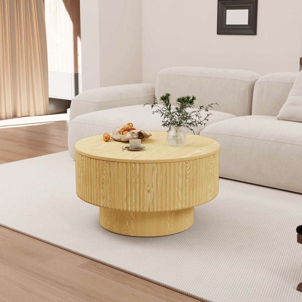 Modern Circular Coffee Table with Stripe Design and Storage Space - Light Brown or Dark Brown
