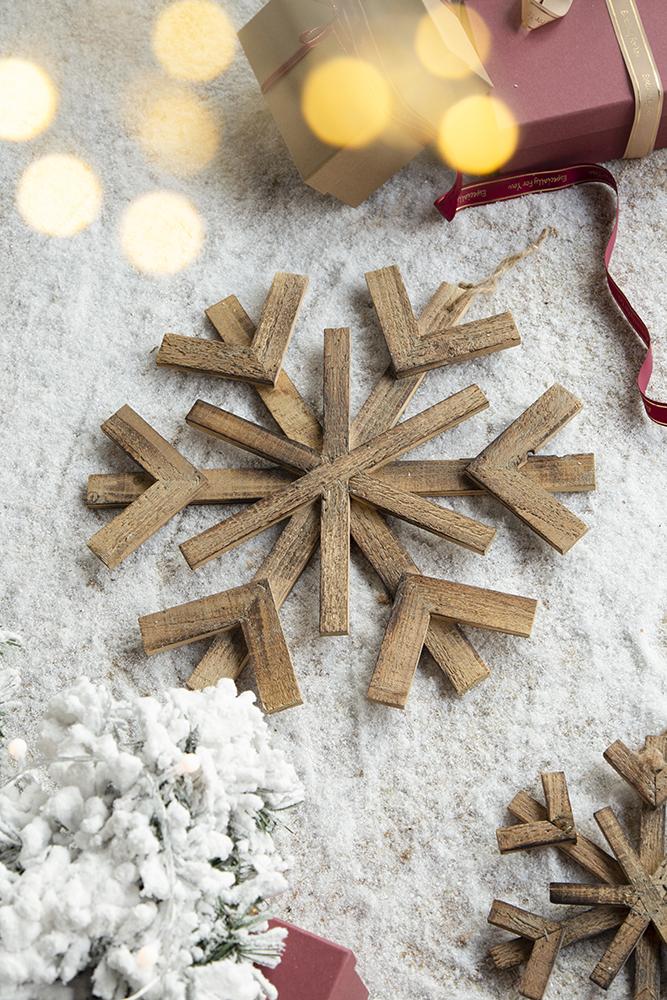 Large Fir Wood Snowflake Ornaments - Set of 2 with Festive Design