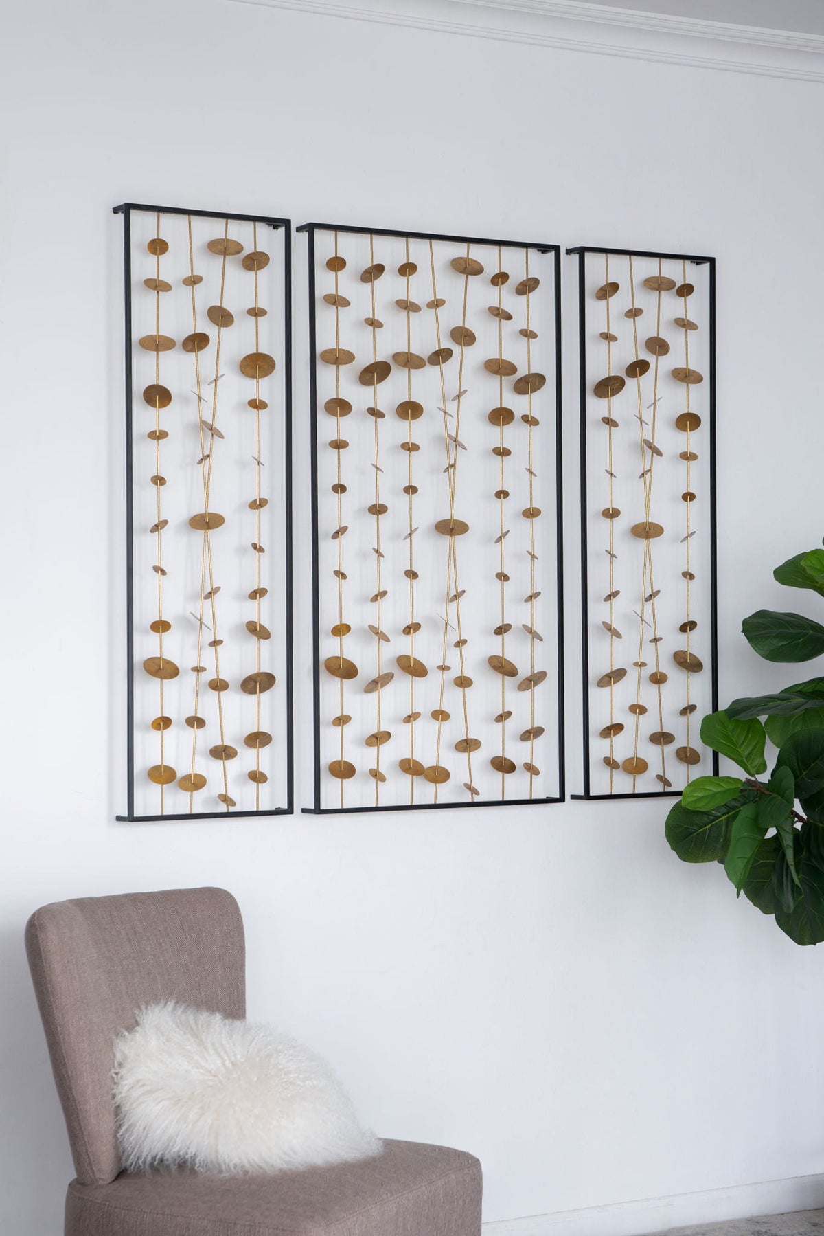 Metal Decorative Wall Art with Frame - Set of 3 - Gold