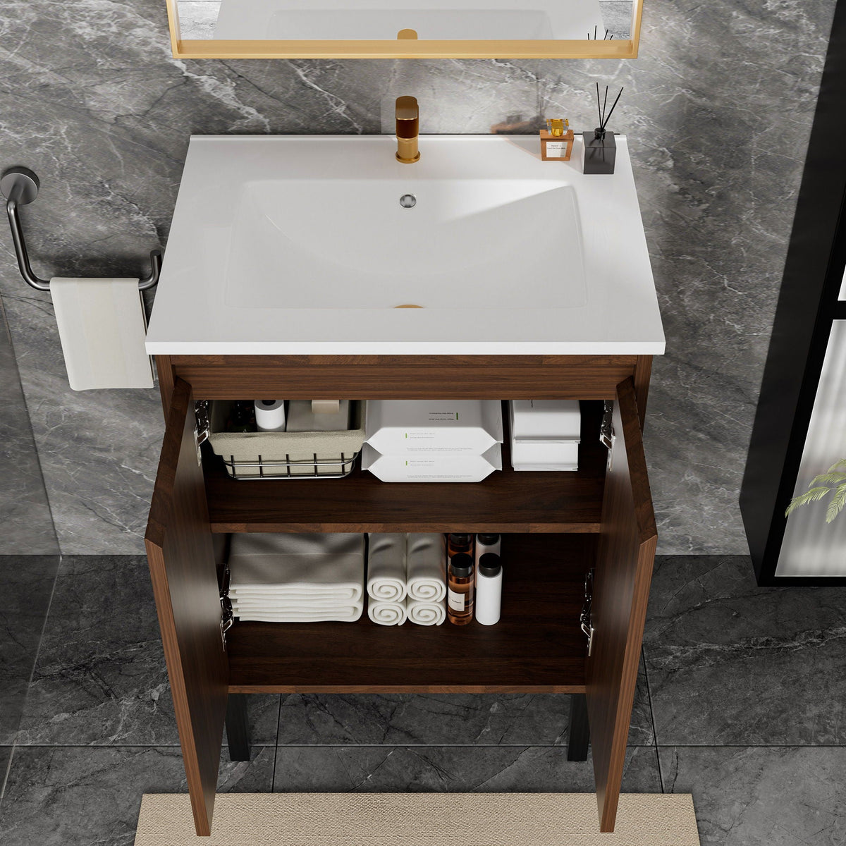 Bathroom Vanity With Ceramic Sink, Floor-Standing Design, Soft-Closing Drawers