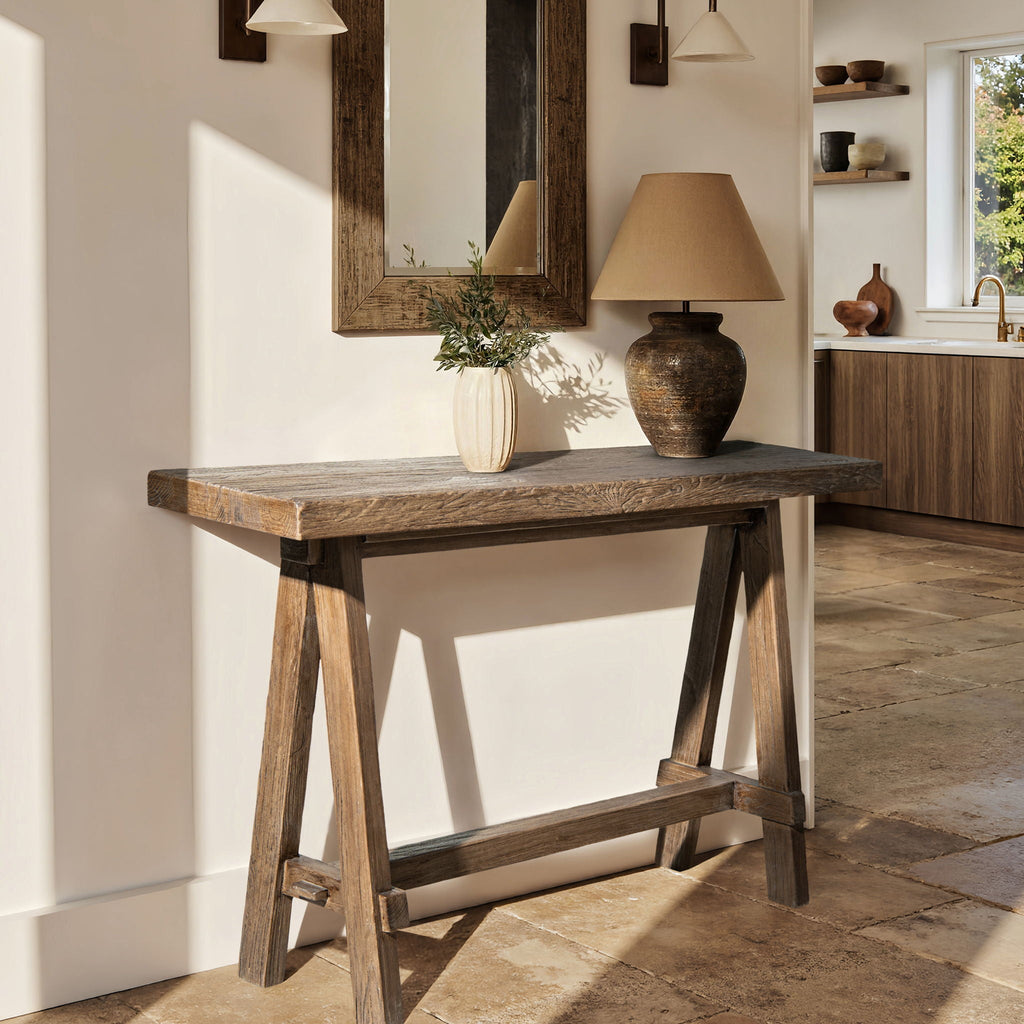 Trestle Coffee Table with Solid Reclaimed Elm Construction - Dark or Light Brown