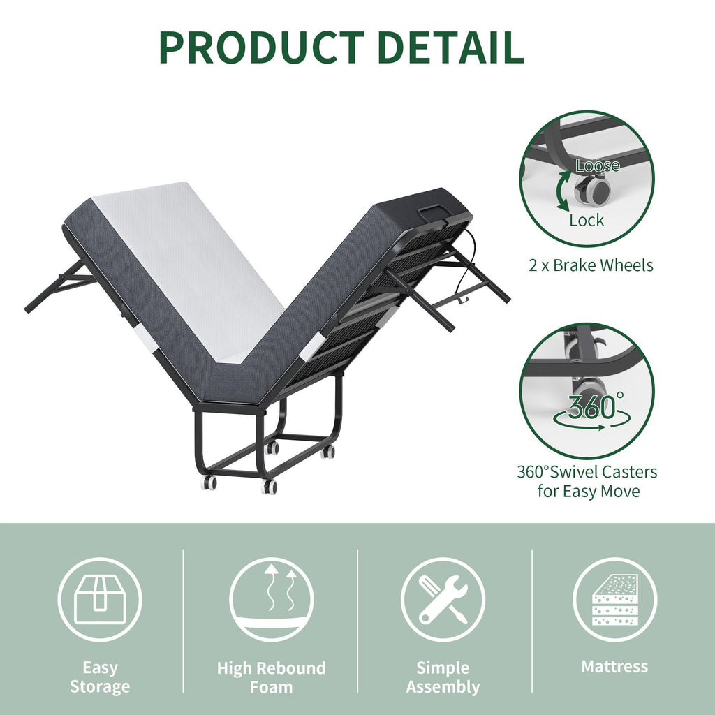 Twin Extra Long Folding Bed for Tall People with Memory Foam Mattress - Black