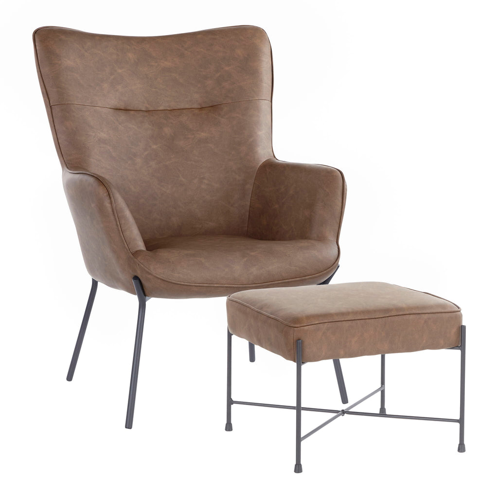 Industrial Lounge Chair & Ottoman Set with Metal Legs - Dark or Light Brown