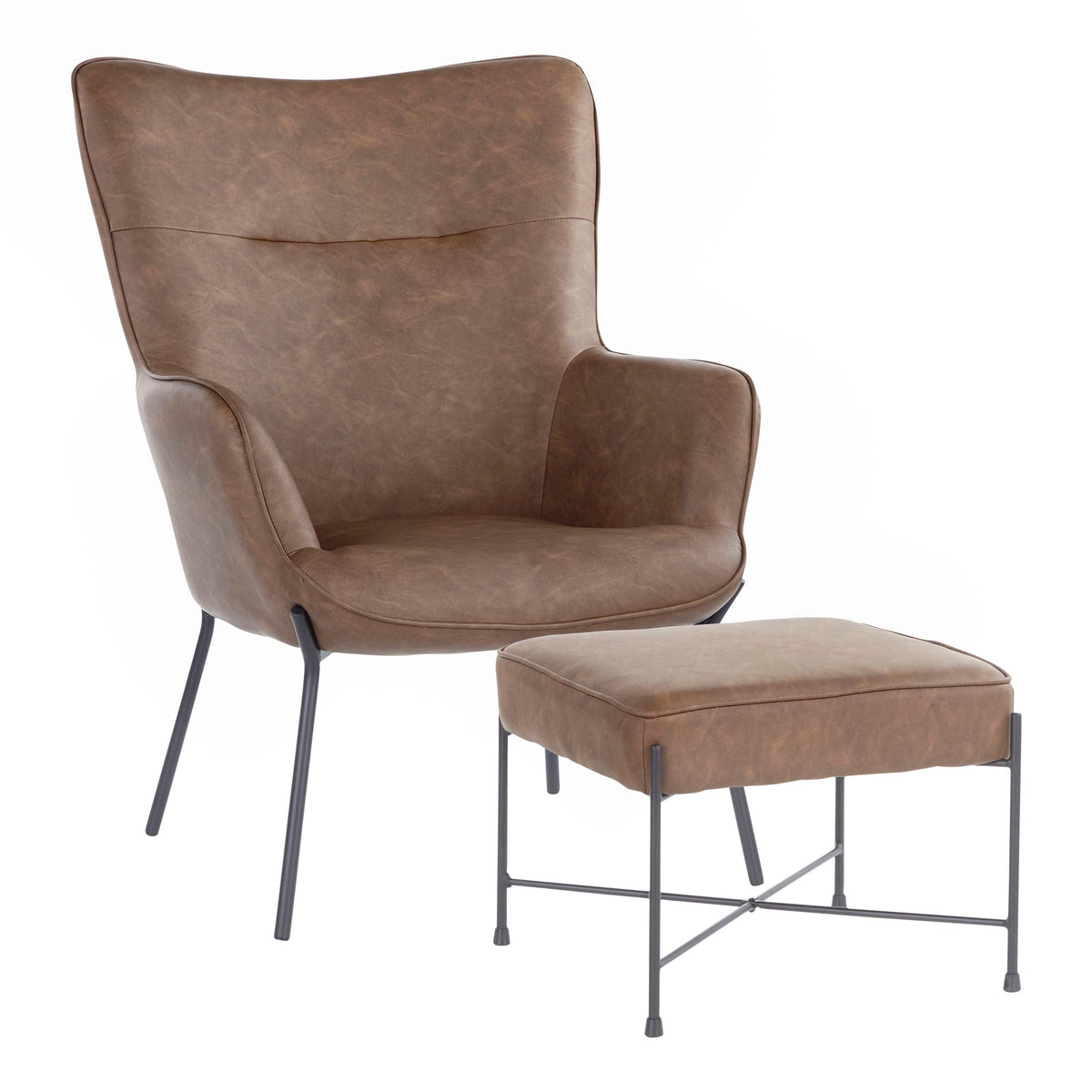 Industrial Lounge Chair & Ottoman Set with Metal Legs - Dark or Light Brown