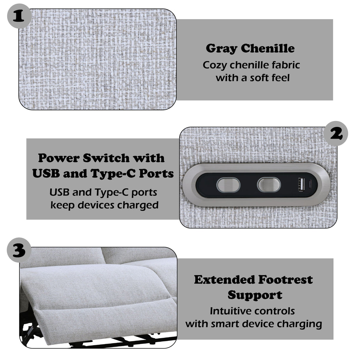 Power Motion Reclining Sofa with USB Port - Gray
