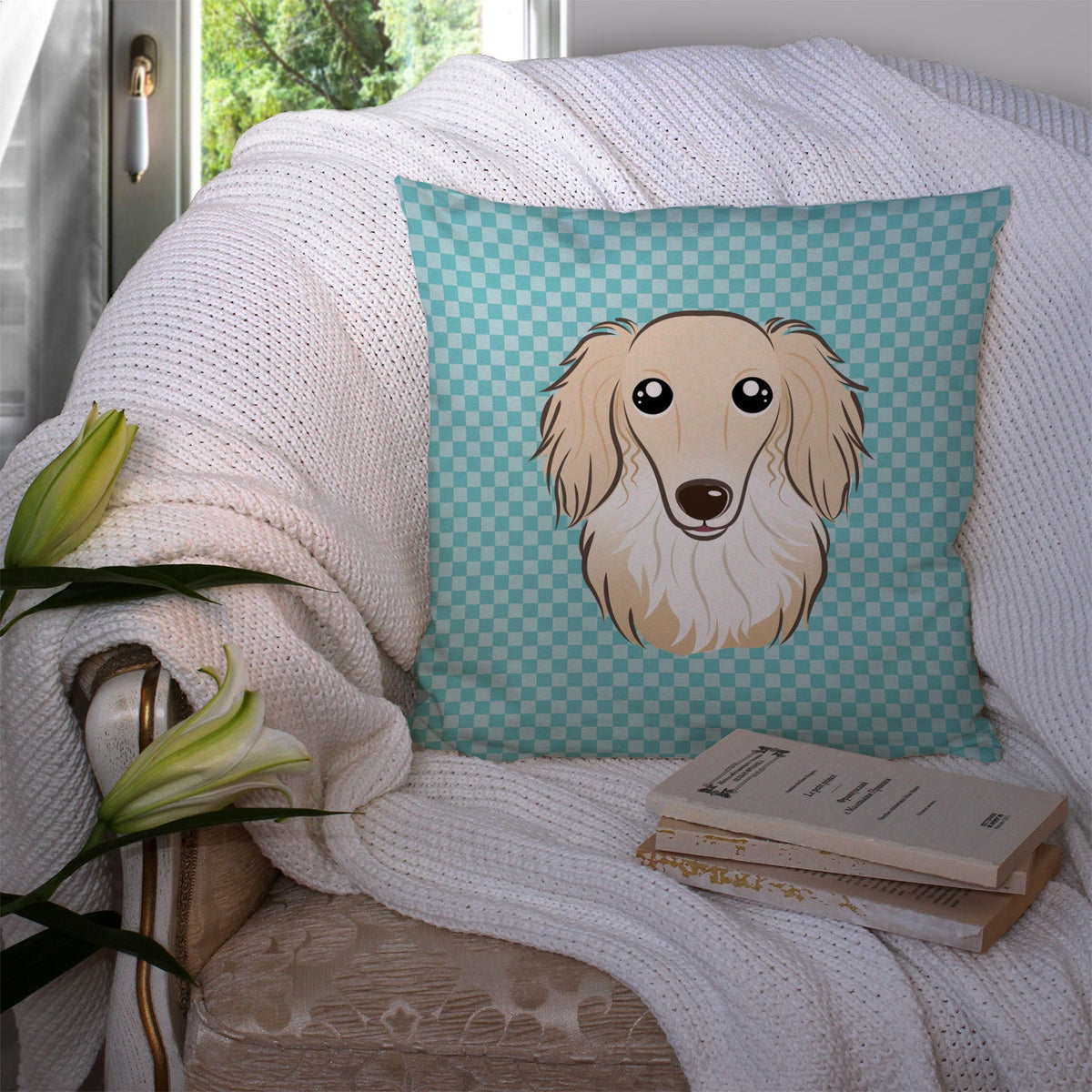 Checkerboard Blue Longhair Creme Dachshund Decorative Throw Pillow 14x14 Indoor Outdoor Accent Cushion, Fabric Cover with Insert for Sofa, Bed, Porch & Living Room