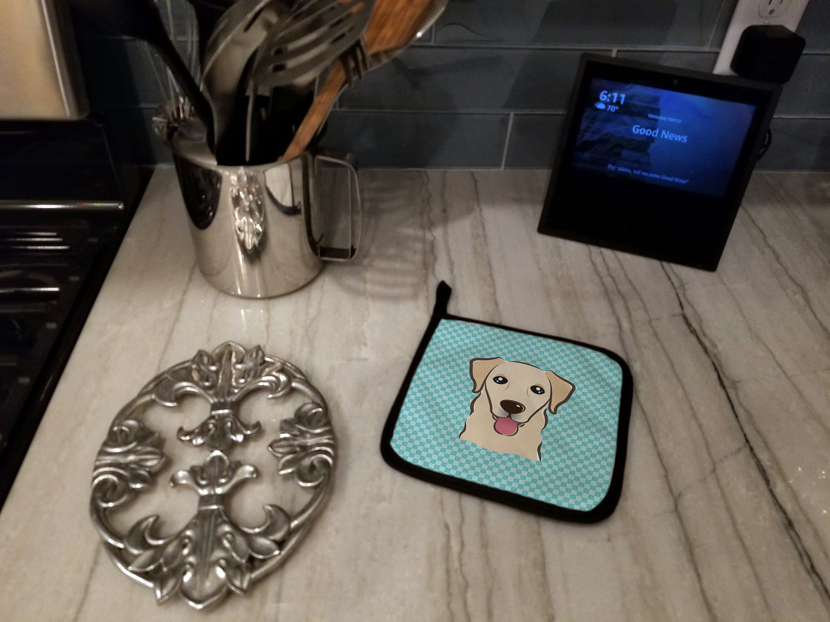 Checkerboard Blue Golden Retriever Pot Holder Set of 2 Heat Resistant Quilted Hot Pads 7.5 x 7.5 Inch, Insulated Kitchen Trivets for Cooking & Baking