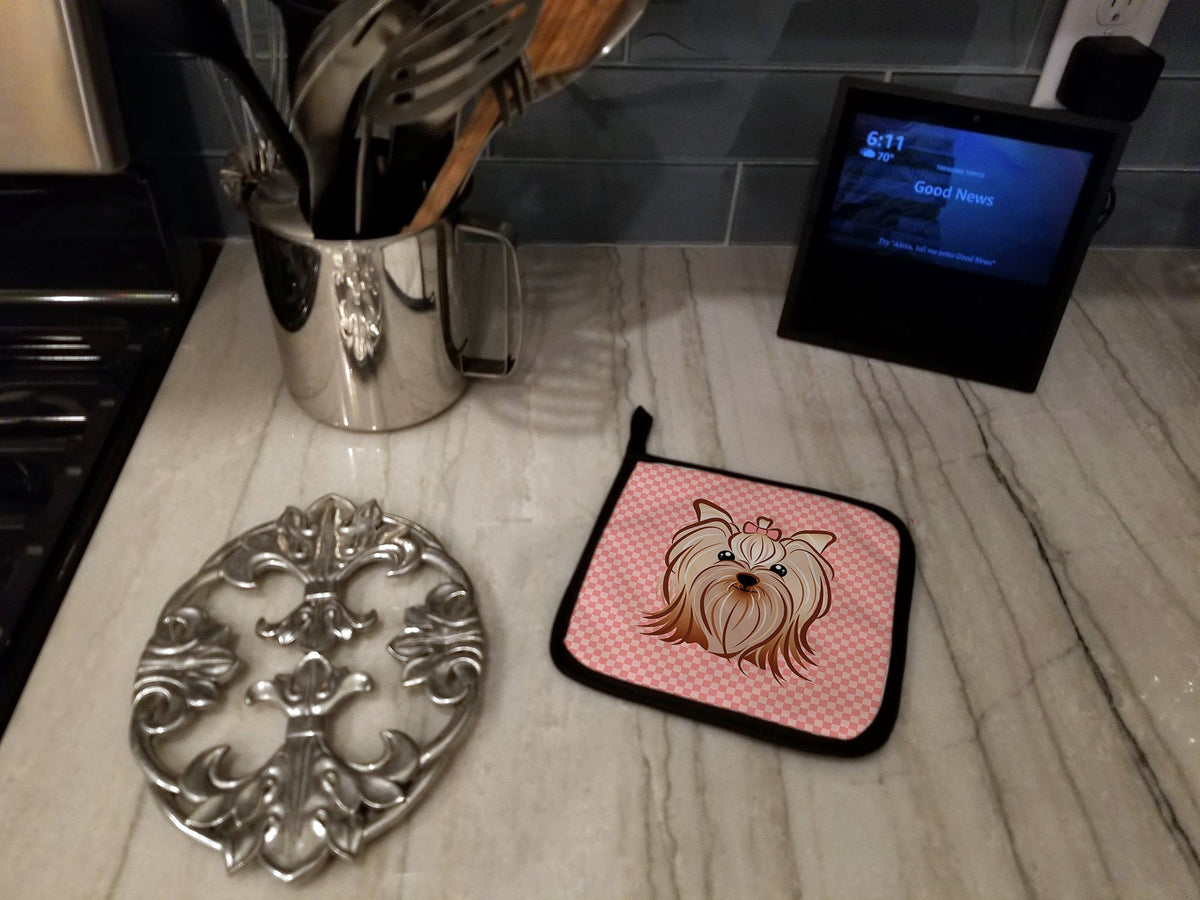 Checkerboard Pink Yorkie Yorkishire Terrier Pot Holder Set of 2 Heat Resistant Quilted Hot Pads 7.5 x 7.5 Inch, Insulated Kitchen Trivets for Cooking & Baking