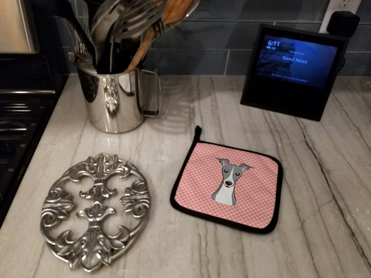 Checkerboard Pink Italian Greyhound Pot Holder Set of 2 Heat Resistant Quilted Hot Pads 7.5 x 7.5 Inch, Insulated Kitchen Trivets for Cooking & Baking