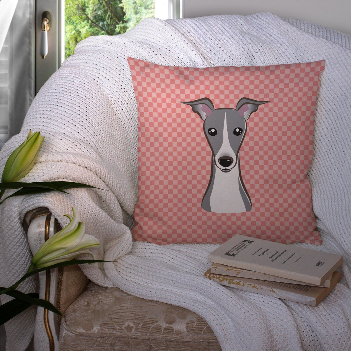 Checkerboard Pink Italian Greyhound Decorative Throw Pillow 14x14 Indoor Outdoor Accent Cushion, Fabric Cover with Insert for Sofa, Bed, Porch & Living Room