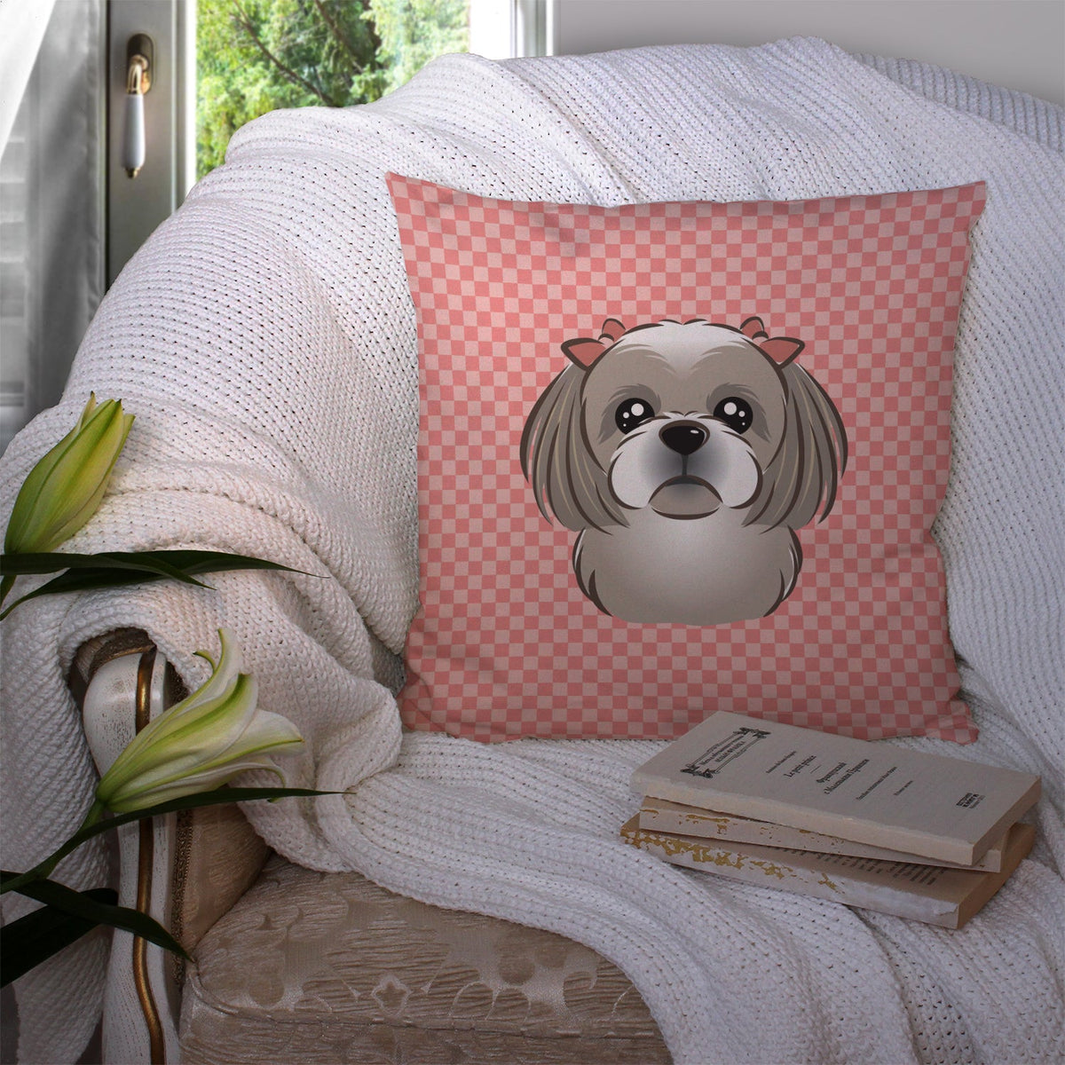 Checkerboard Pink Gray Silver Shih Tzu Decorative Throw Pillow 14x14 Indoor Outdoor Accent Cushion, Fabric Cover with Insert for Sofa, Bed, Porch & Living Room