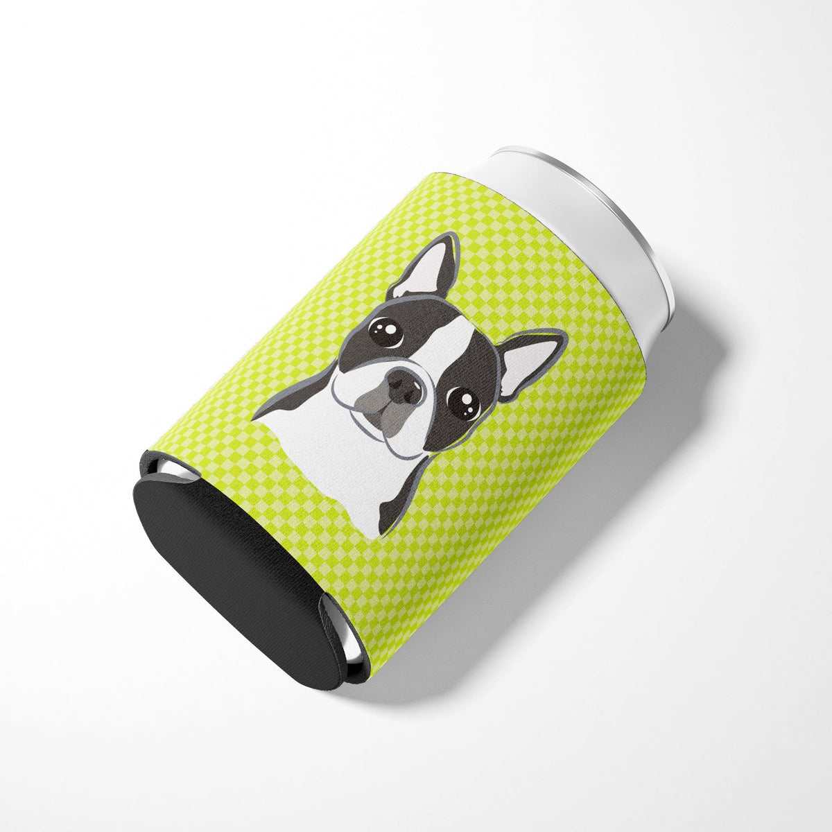 Checkerboard Lime Green Boston Terrier Can or Bottle Hugger Cooler Sleeve for Standard 12 oz Cans, Insulated Foam Beer & Soda Can Hugger Reusable