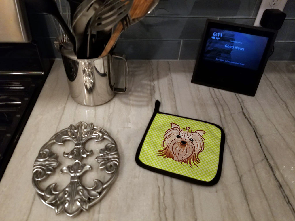 Checkerboard Lime Green Yorkie Yorkishire Terrier Pot Holder Set of 2 Heat Resistant Quilted Hot Pads 7.5 x 7.5 Inch, Insulated Kitchen Trivets for Cooking & Baking
