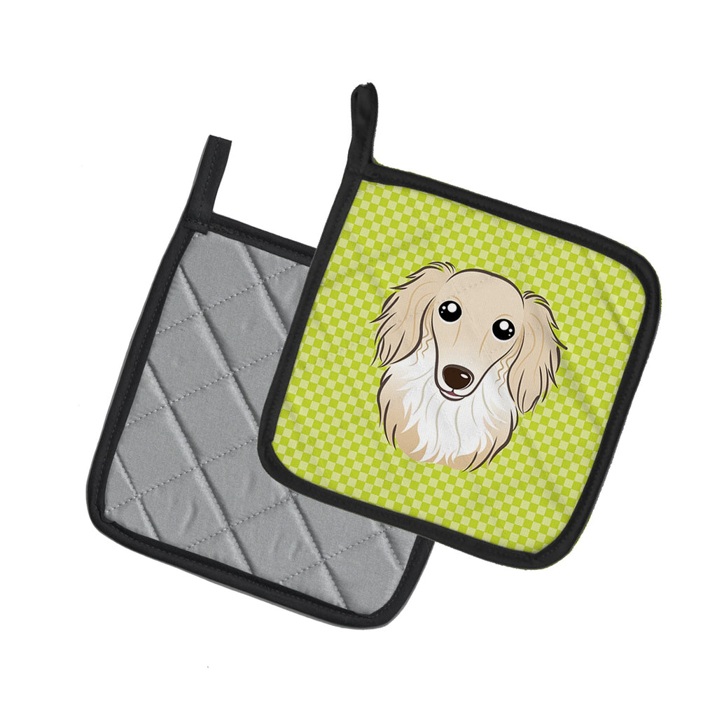 Checkerboard Lime Green Longhair Creme Dachshund Pot Holder Set of 2 Heat Resistant Quilted Hot Pads 7.5 x 7.5 Inch, Insulated Kitchen Trivets for Cooking & Baking