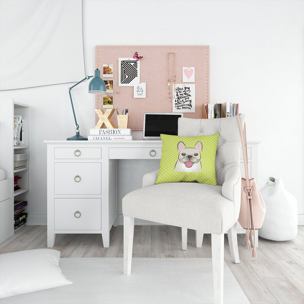 Checkerboard Lime Green French Bulldog Decorative Throw Pillow 14x14 Indoor Outdoor Accent Cushion, Fabric Cover with Insert for Sofa, Bed, Porch & Living Room