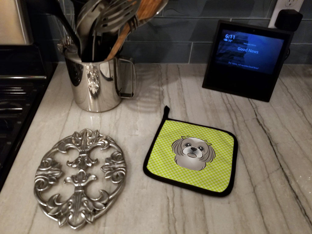 Checkerboard Lime Green Gray Silver Shih Tzu Pot Holder Set of 2 Heat Resistant Quilted Hot Pads 7.5 x 7.5 Inch, Insulated Kitchen Trivets for Cooking & Baking