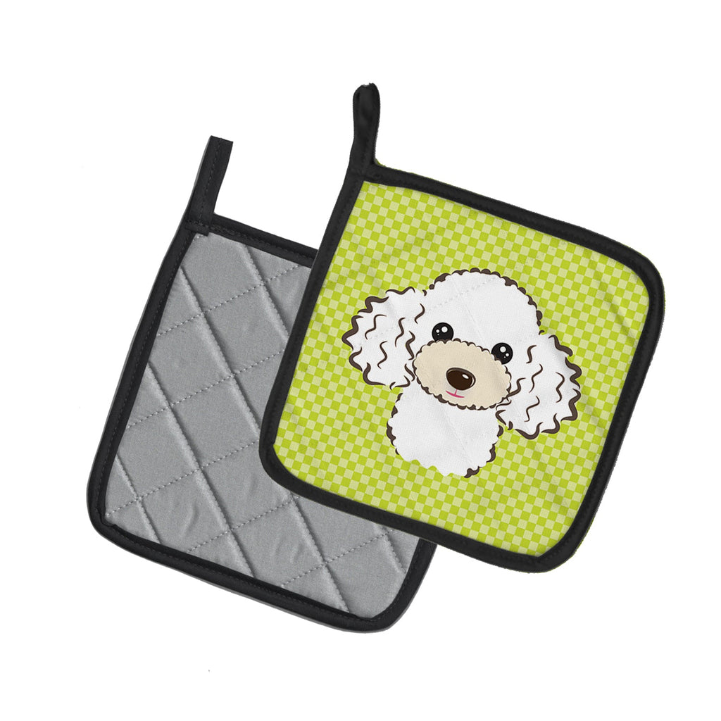 Checkerboard Lime Green White Poodle Pot Holder Set of 2 Heat Resistant Quilted Hot Pads 7.5 x 7.5 Inch, Insulated Kitchen Trivets for Cooking & Baking