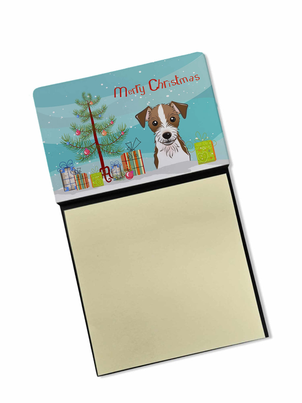 Christmas Tree and Jack Russell Terrier Watercolor Sticky Note Holder Refillable Dispenser Desk Accessory 3x3 Pad Gift